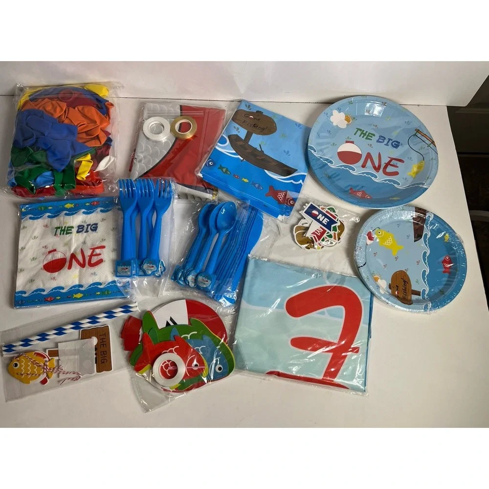 Ofishally One Birthday Decorations Fishing 1st Birthday Party Tableware Set